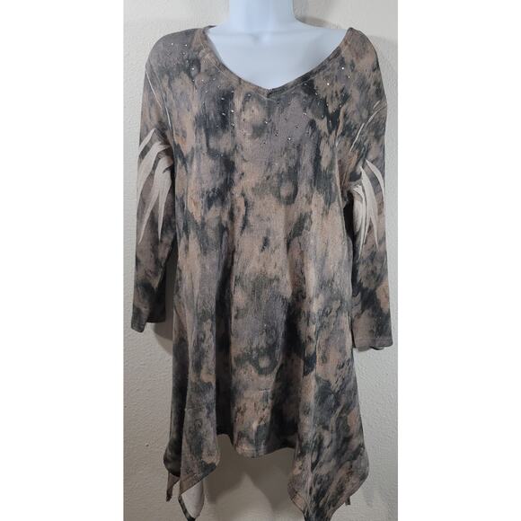 Decorated Originals Brown Black Tan Shiny Stud V Neck Top Large Lightweight Soft - Picture 1 of 6